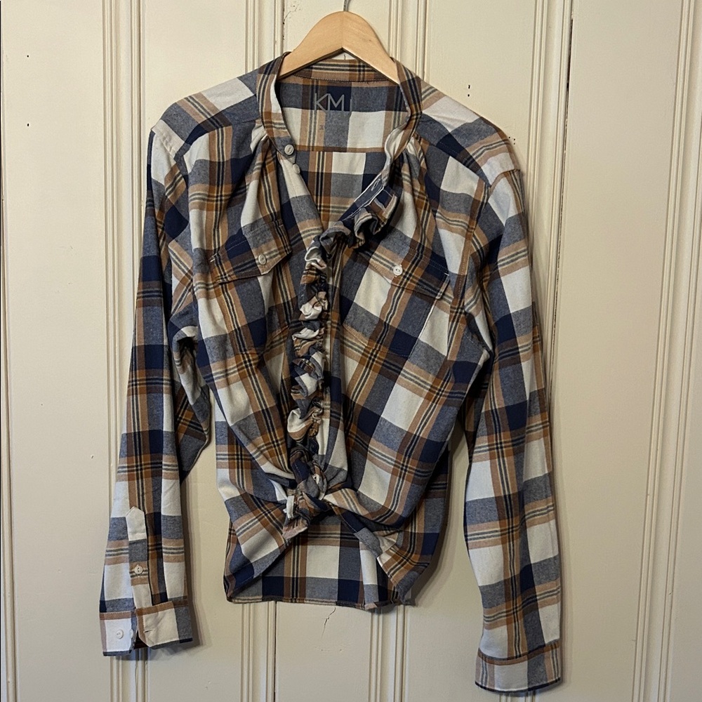 KMJ Kate Mchale Jensen Cameron Women's Plaid Shirt Ruffle Front XL